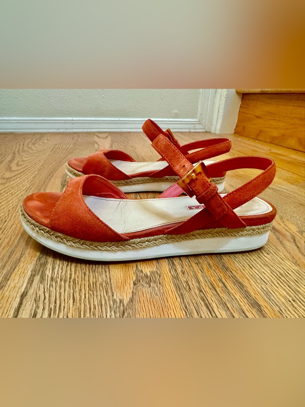Prada suede espadrille sandals in orange with a platform sole